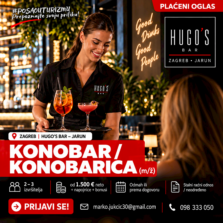 Slika oglasa: KONOBAR / KONOBARICA (m/ž) - Coctail & Lounge Bar, Jarun, Zagreb