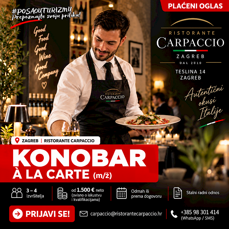 Slika oglasa: KONOBAR – À LA CARTE (m/ž) - Ristorante Carpaccio, Zagreb