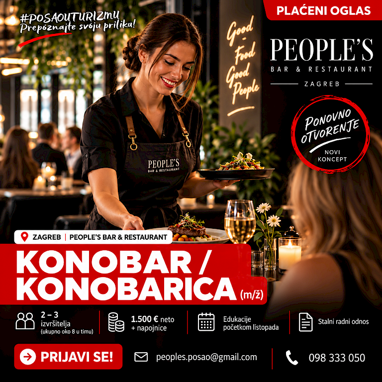 Slika oglasa: KONOBAR / KONOBARICA (m/ž) - People's Bar & Restaurant, Zagreb