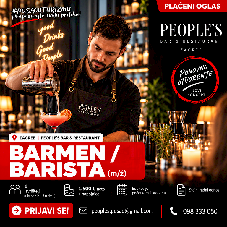 Slika oglasa: BARMEN / BARISTA (m/ž) - People's Bar & Restaurant, Zagreb