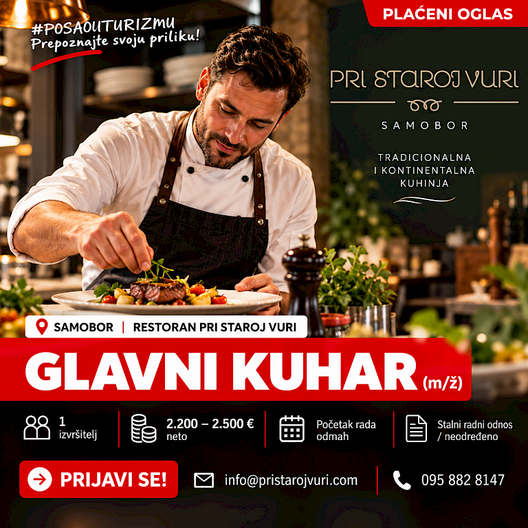 Slika oglasa: GLAVNI KUHAR (m/ž) - Restoran "Pri staroj vuri", Samobor
