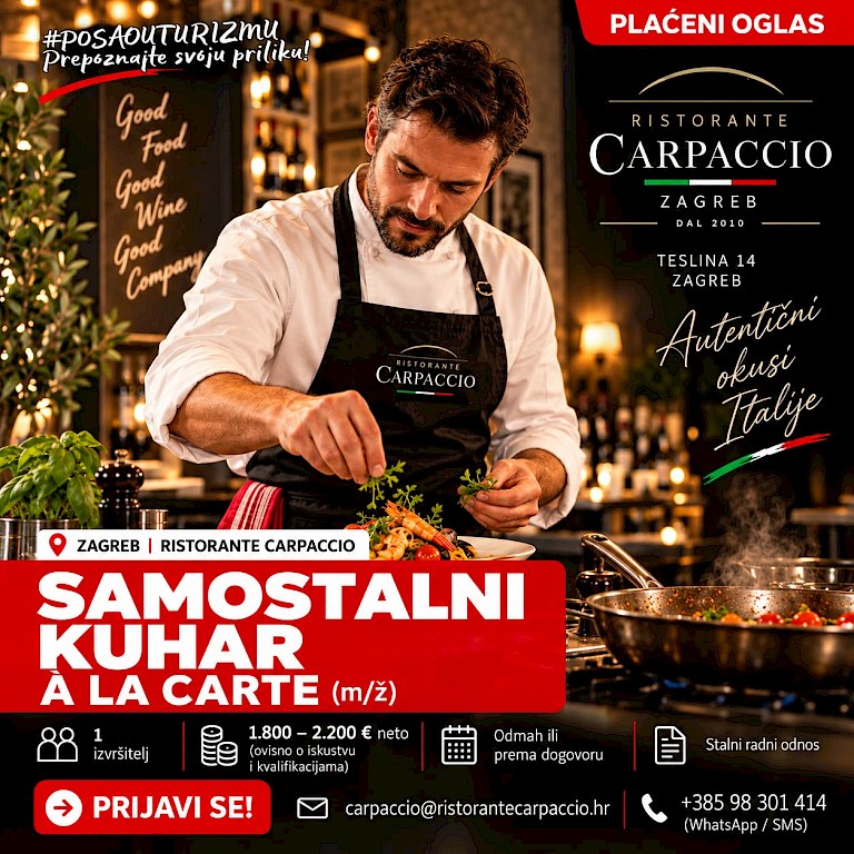 Slika oglasa: SAMOSTALNI KUHAR – À LA CARTE (m/ž) - Ristorante Carpaccio, Zagreb